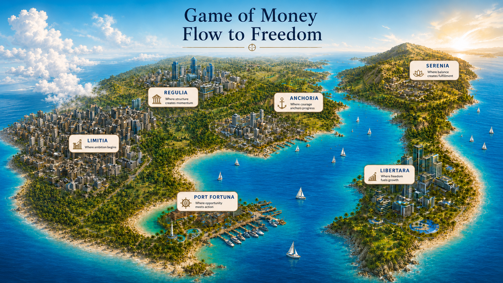 Journey of Money · Flow to Freedom, die Finanzreise von Limitia nach Serenia